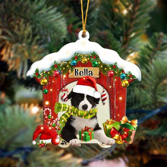 Custom Name Border Collie In Red Wood House Acrylic Christmas Ornament Gift For Dog Lovers, Dog Mom