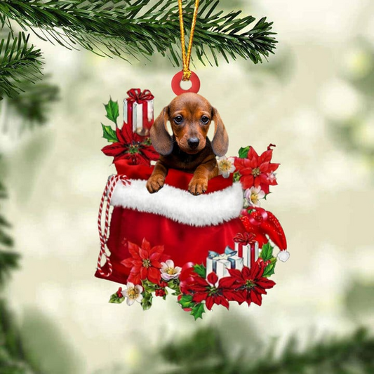 Custom Name Dachshund In Red Gift Bag Acrylic Christmas Ornament, Customized Christmas Gift For Dog Lovers, Dog Mom