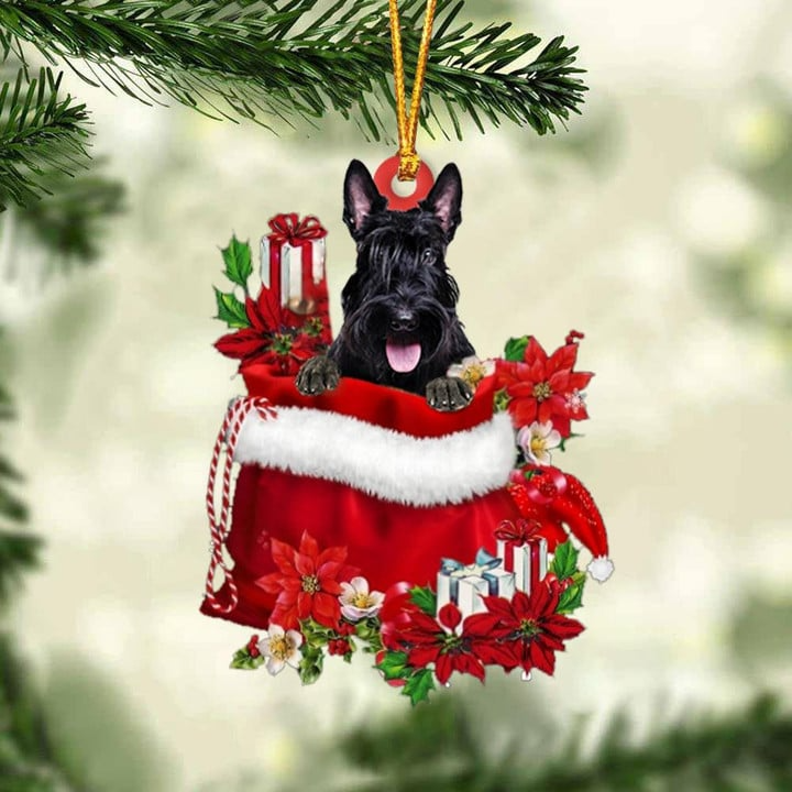 Custom Scottish Terrier In Red Gift Bag Acrylic Christmas Ornament, Personalized Name Christmas Gift For Dog Lovers, Dog Mom