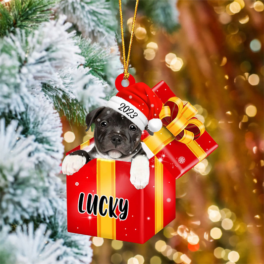 Customized Name Staffordshire Bull Terrier In Red Gift Box Acrylic Christmas Ornament Custom Pet Christmas Ornament - Gift For Dog Lovers, Pet Lovers