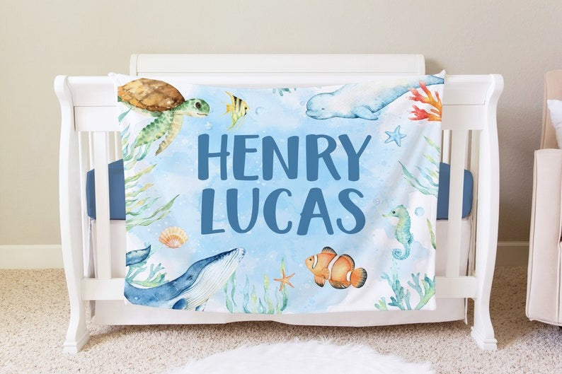 Sea Creatures Baby Kids Blanket With Customized Name For Baby Boy Girl Nursery, Daughter, Granddaughter, Son, Grandson, Newborn Gifts