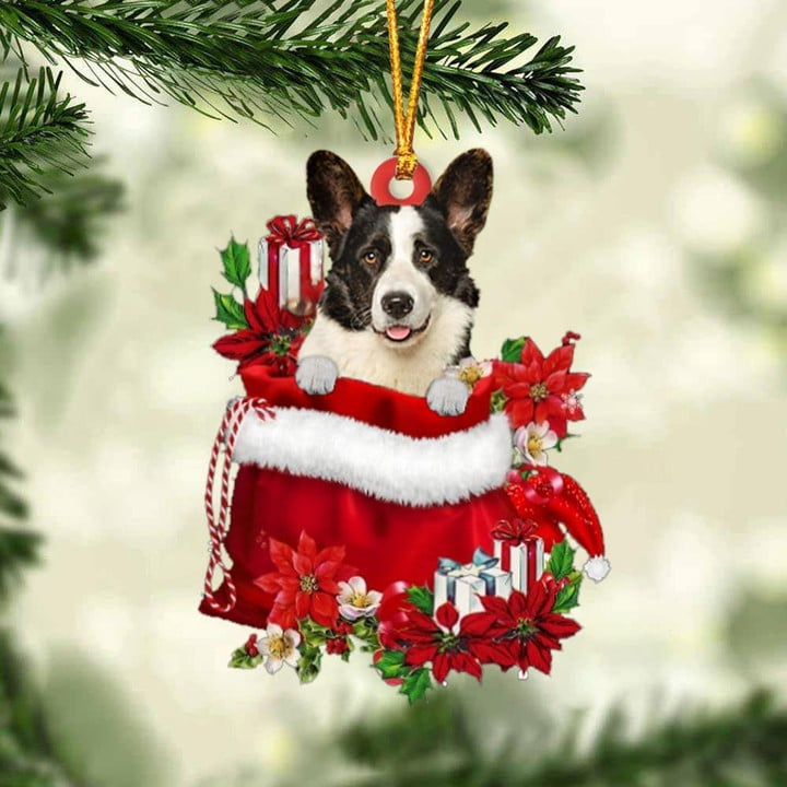 Custom Name Pembroke Welsh Corgi In Red Gift Bag Acrylic Christmas Ornament, Customized Christmas Gift For Dog Lovers, Dog Mom