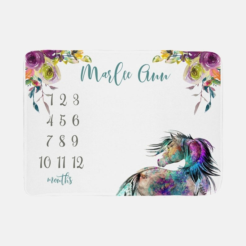 Majestic Horse Floral Baby Milestones Blanket With Customized Name For Baby Girl Nursery, Daughter, Granddaughter