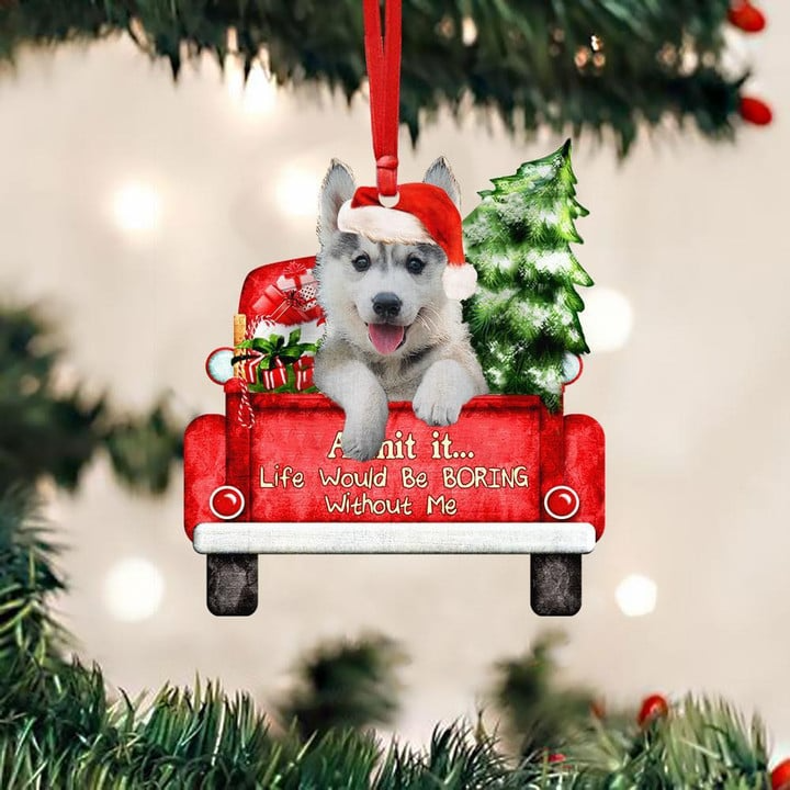 Customized Photo Husky On The Red Truck Acrylic Christmas Ornament, Personalized Christmas Gift For Dog Lovers, Dog Owners