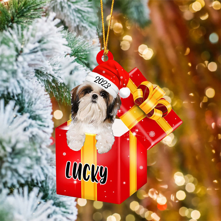 Customized Name Shih Tzu In Red Gift Box Acrylic Christmas Ornament Custom Pet Christmas Ornament - Gift For Dog Lovers, Pet Lovers