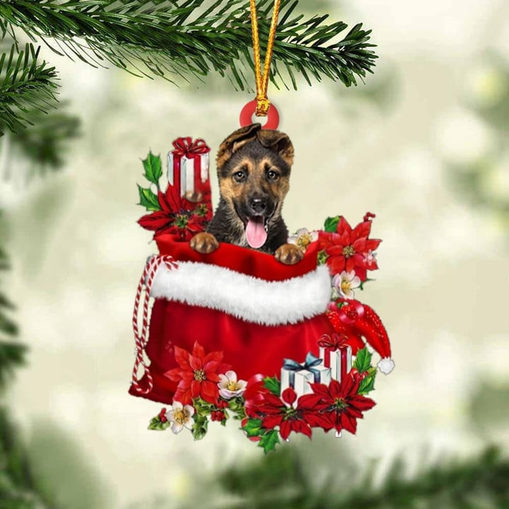 Custom German Shepherd In Red Gift Bag Acrylic Christmas Ornament, Personalized Name Christmas Gift For Dog Lovers, Dog Mom