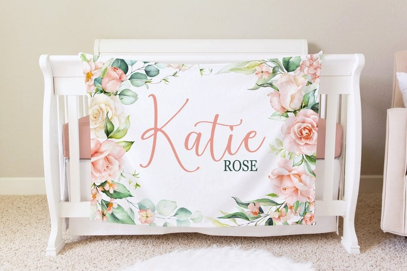 Pink Rose Baby Girl Blanket With Customized Name For Baby Girl Nursery, Daughter, Granddaughter