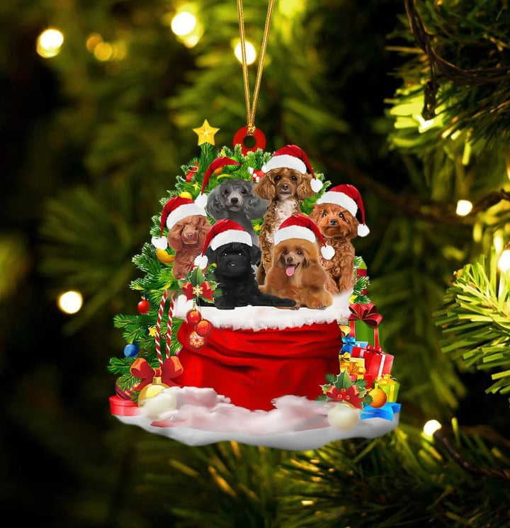 Personalized Poodle Dogs In Red Gift Bag Acrylic Christmas Ornament, Custom Name Christmas Gift For Dog Lovers, Dog Mom