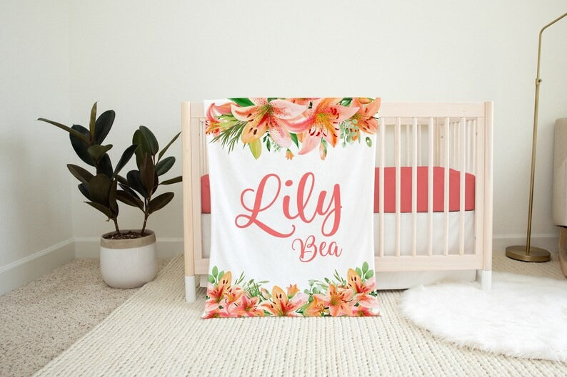 Tiger Lily Baby Kids Blanket With Customized Name For Baby Girl Nursery, Daughter, Granddaughter, Newborn Gifts