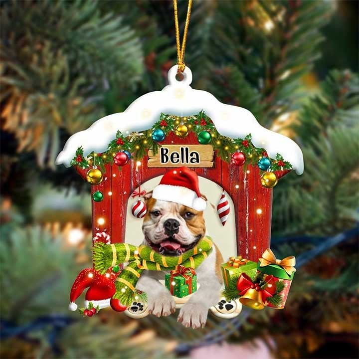 Custom Name Bulldog In Red Wood House Acrylic Christmas Ornament Gift For Dog Lovers, Dog Mom