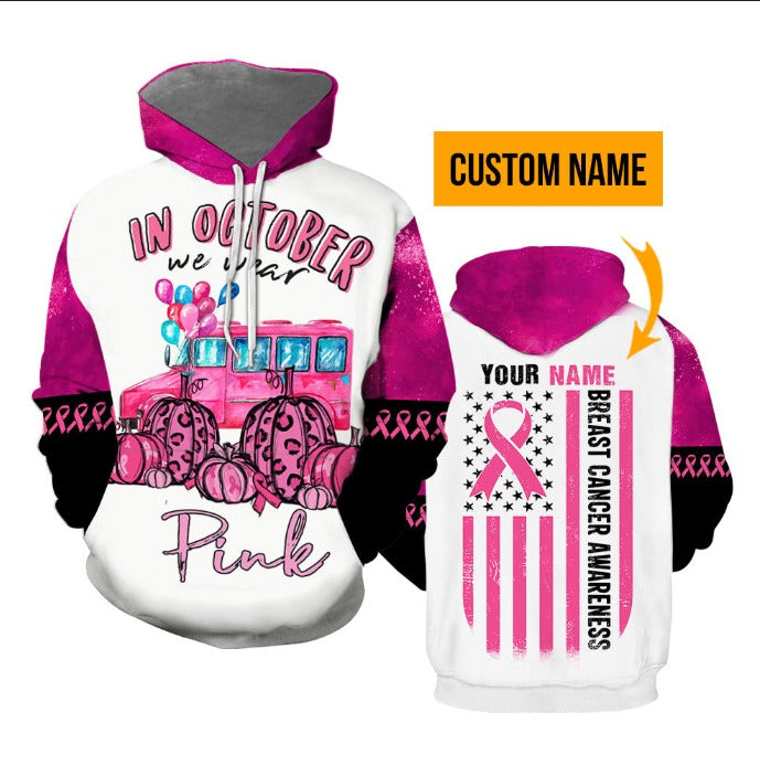 Custom Breast Cancer In Pink School Bus Pumpkin Premium Hoodie, Perfect Outfit For Men And Women On Breast Cancer Christmas New Year Autumn Winter