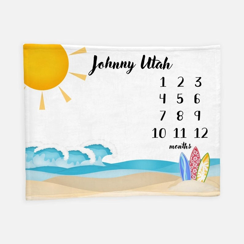 Surfer Beach Baby Milestone Blanket With Customized Name For Baby Boy Girl Nursery, Daughter, Granddaughter, Son, Grandson, Newborn Gifts