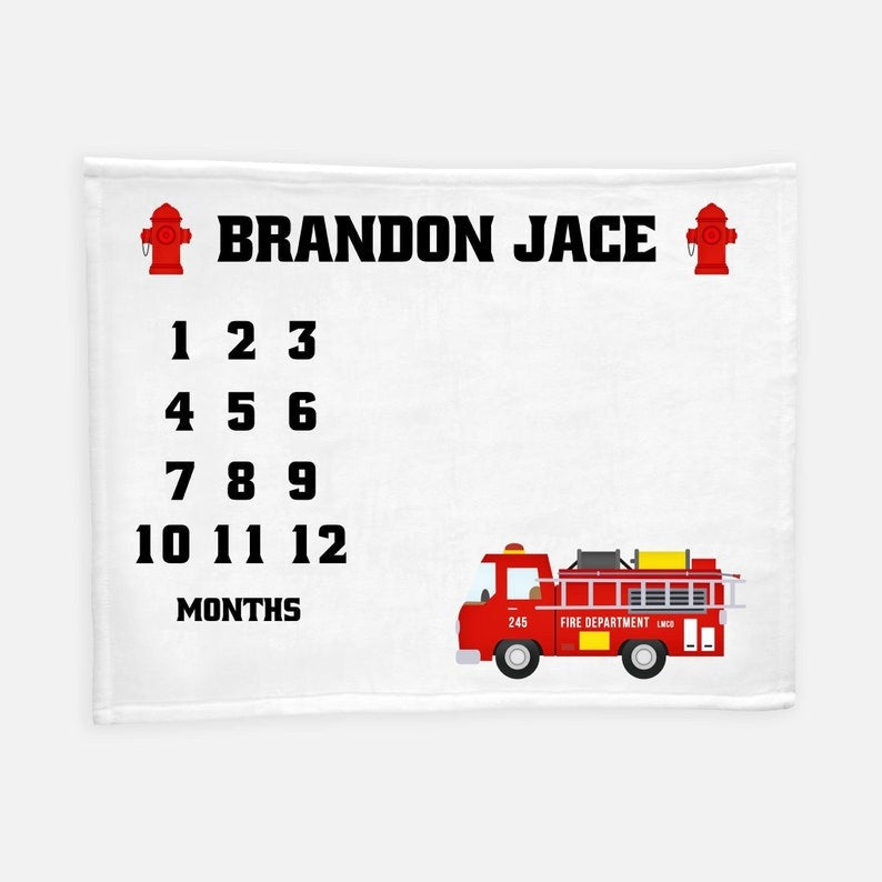 Fire Truck Baby Milestone Blanket With Customized Name For Baby Boy Nursery, Son, Grandson