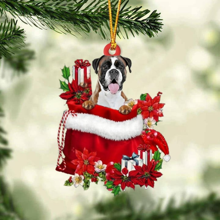 Custom Name Boxer In Red Gift Bag Acrylic Christmas Ornament, Customized Christmas Gift For Dog Lovers, Dog Mom