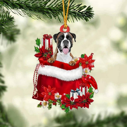 Custom Name Boxer In Red Gift Bag Acrylic Christmas Ornament, Customized Christmas Gift For Dog Lovers, Dog Mom