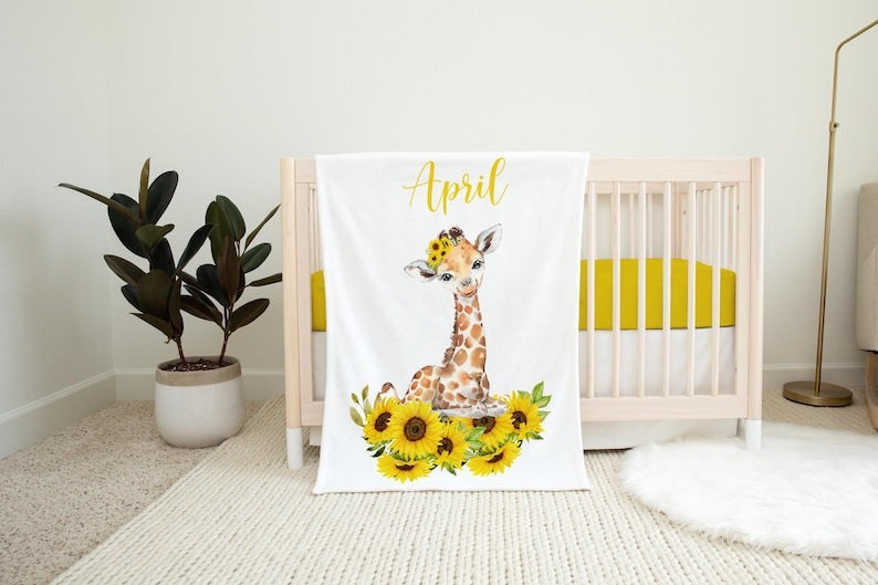 Giraffe Sunflower Baby Kids Blanket With Customized Name For Baby Girl Nursery, Daughter, Granddaughter, Newborn Gifts