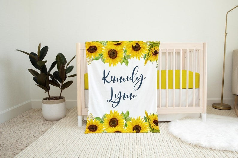 Sunflower Baby Girl Blanket With Customized Name For Baby Girl Nursery, Daughter, Granddaughter