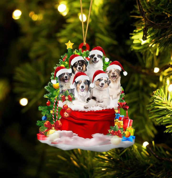 Custom Australian Shepherd Dogs In Red Gift Bag Acrylic Christmas Ornament, Personalized Name Christmas Gift For Dog Lovers, Dog Mom