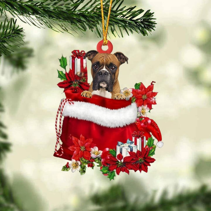 Custom Name Boxer In Red Gift Bag Acrylic Christmas Ornament, Customized Christmas Gift For Dog Lovers, Dog Mom