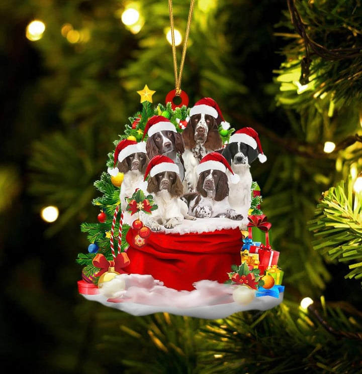 Personalized English Springer Spaniel Dogs In Red Gift Bag Acrylic Christmas Ornament, Custom Name Christmas Gift For Dog Lovers, Dog Mom