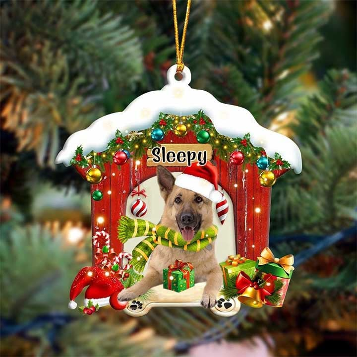 Customized German Shepherd In Red Wood House Acrylic Christmas Ornament Gift For Dog Lovers, Dog Mom