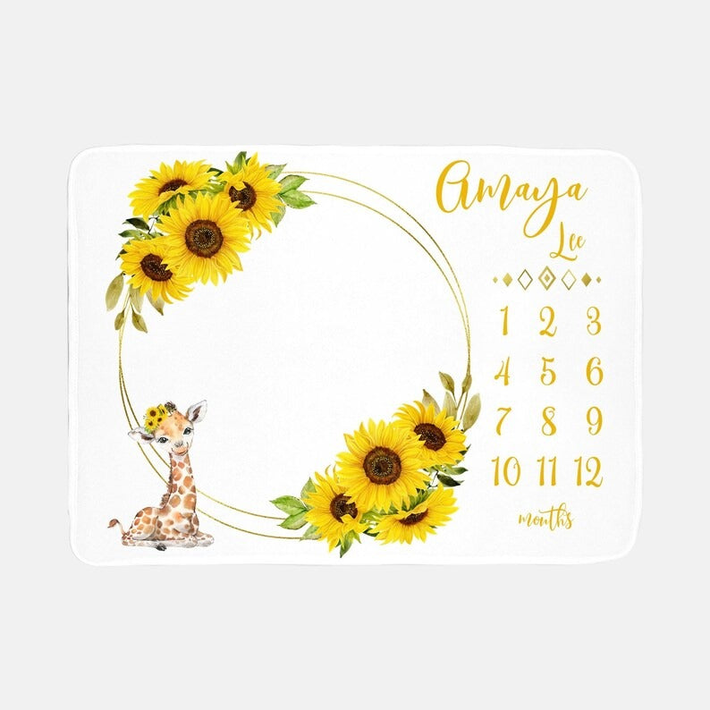 Giraffe Sunflower Wreath Baby Milestone Blanket With Customized Name For Baby Girl Nursery, Daughter, Granddaughter, Newborn Gifts