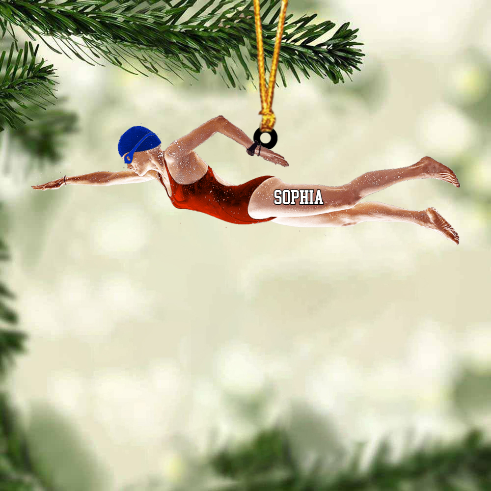 Customized Female Swimming Christmas Acrylic Keychain For Swimmer, Swimming Team Gift - Christmas Acrylic Keychain Hanging Tree