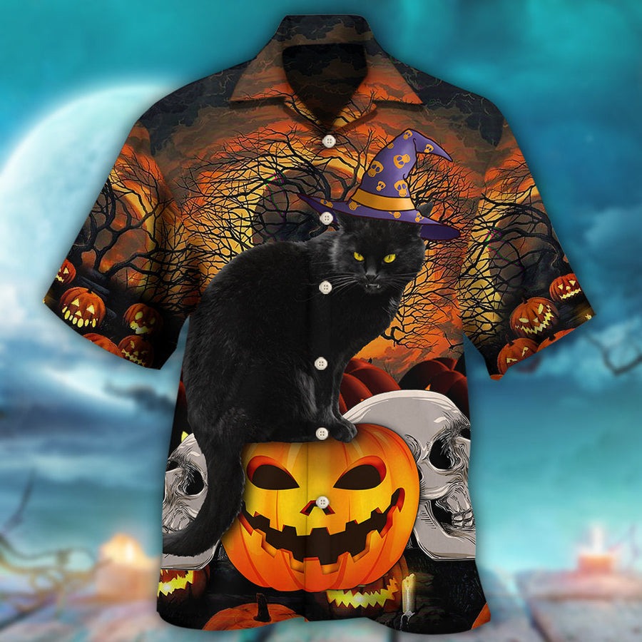 Halloween Hawaiian Shirt, Halloween Black Cat  Scary Pumpkin Aloha Shirt For Men & Women - Halloween Gift For Members Family, Friends, Cat Lovers