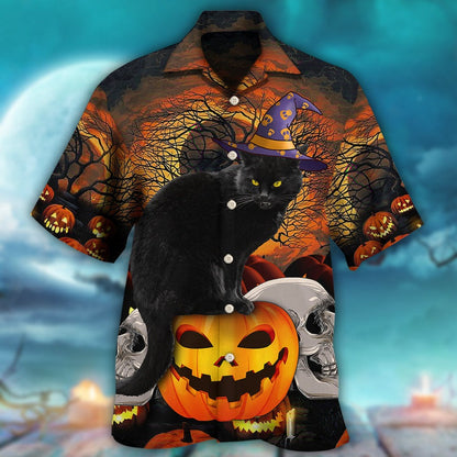 Halloween Hawaiian Shirt, Halloween Black Cat  Scary Pumpkin Aloha Shirt For Men & Women - Halloween Gift For Members Family, Friends, Cat Lovers