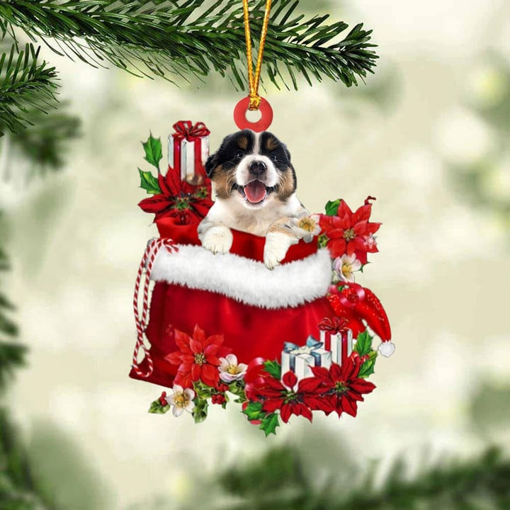 Custom Australian Shepherd In Red Gift Bag Acrylic Christmas Ornament, Personalized Name Christmas Gift For Dog Lovers, Dog Mom