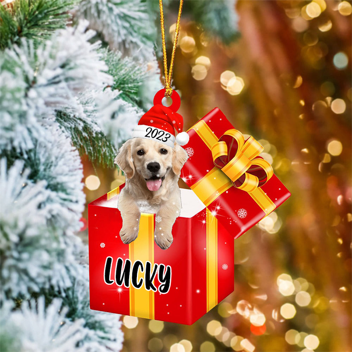 Customized Name Golden Retriever In Red Gift Box Acrylic Christmas Ornament Custom Pet Christmas Ornament - Gift For Dog Lovers, Pet Lovers