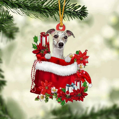Custom Name Whippet In Red Gift Bag Acrylic Christmas Ornament, Customized Christmas Gift For Dog Lovers, Dog Mom