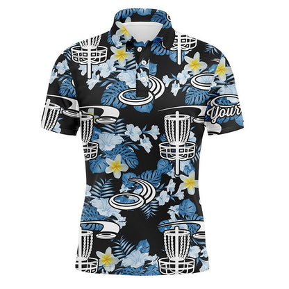 Custom Golf Long Sleeve Men Polo Shirt -Disc Golf Hole Basket Blue Leaf Flower Pattern Custom Name Apparel-Personalized Gift For Disc Golf Lover, Team
