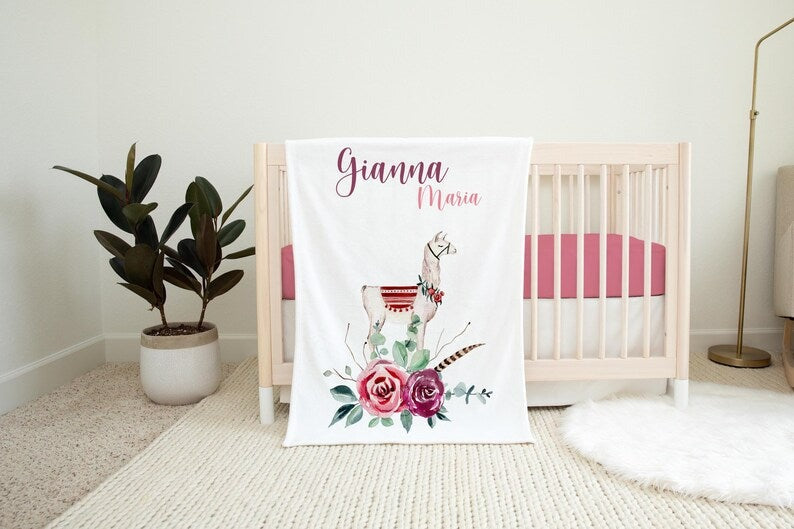 Llama Roses Baby Kids Blanket With Customized Name For Baby Girl Nursery, Daughter, Granddaughter, Newborn Gifts