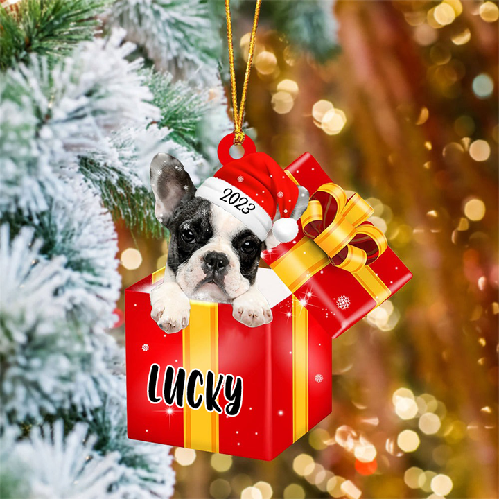 Customized Name French Bull In Red Gift Box Acrylic Christmas Ornament Custom Pet Christmas Ornament - Gift For Dog Lovers, Pet Lovers