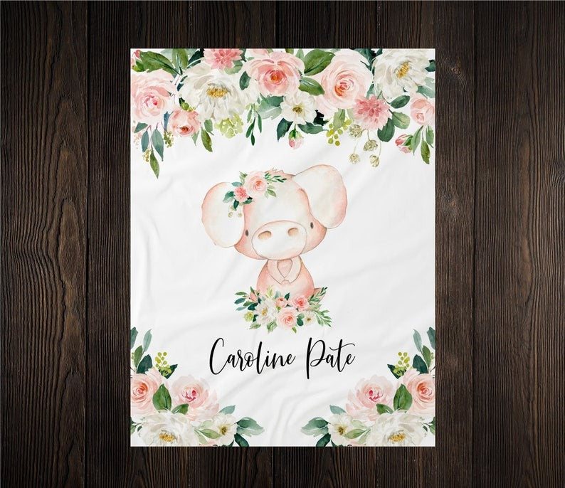Pig Floral Baby Kids Blanket With Customized Name For Baby Girl Nursery, Daughter, Granddaughter, Newborn Gifts
