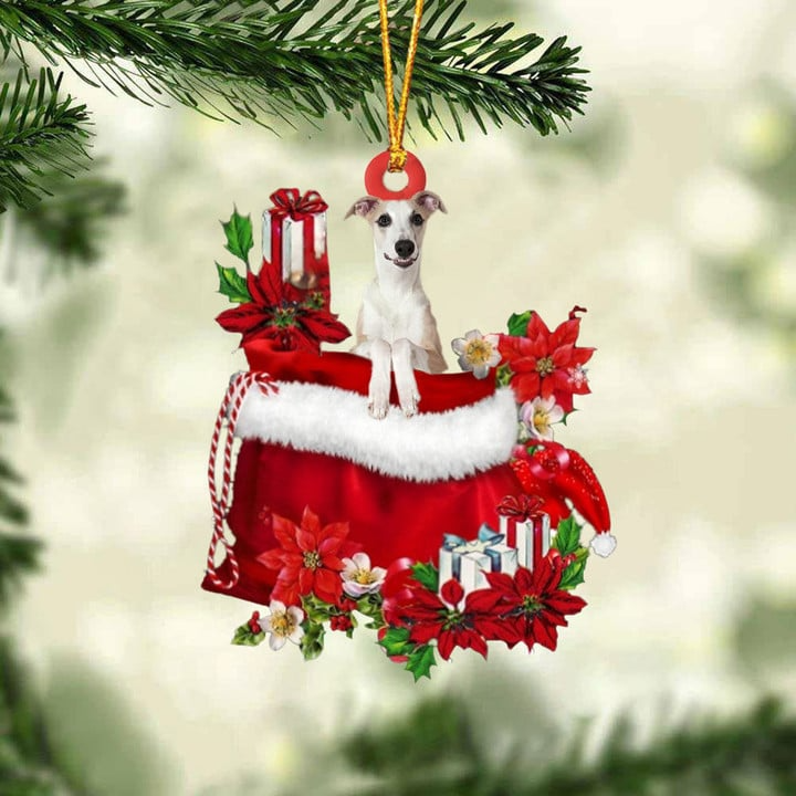 Custom Name Whippet In Red Gift Bag Acrylic Christmas Ornament, Customized Christmas Gift For Dog Lovers, Dog Mom