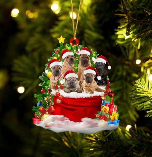 Personalized Shar Pei Dogs In Red Gift Bag Acrylic Christmas Ornament, Custom Name Christmas Gift For Dog Lovers, Dog Mom