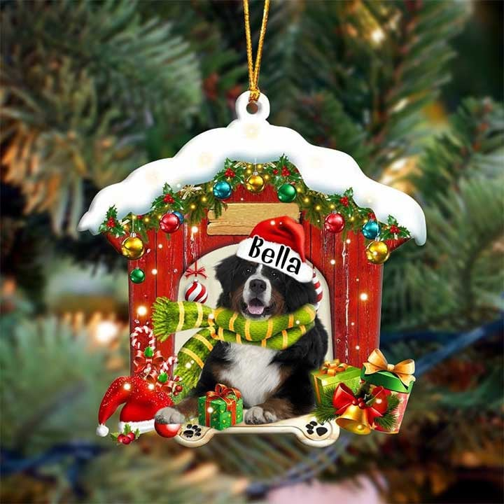 Customized Bernese Mountain In Red Wood House Acrylic Christmas Ornament Gift For Dog Lovers, Dog Mom