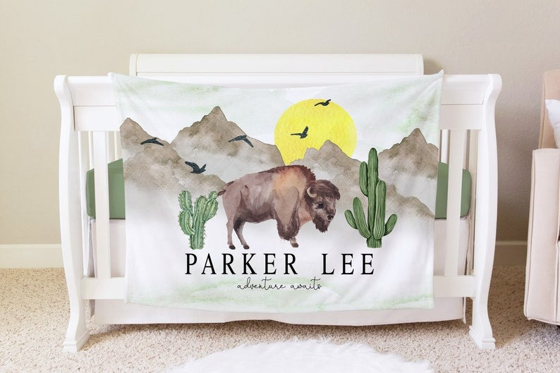 Buffalo Cactus Baby Kids Blanket With Customized Name For Baby Boy Nursery, Son, Grandson, Newborn Gifts