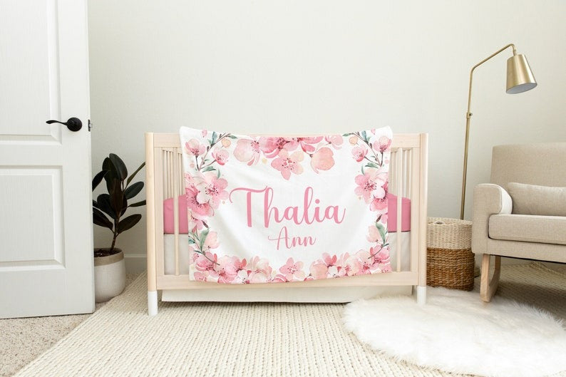 Cherry Blossom Baby Girl Blanket With Customized Name For Baby Girl Nursery, Daughter, Granddaughter