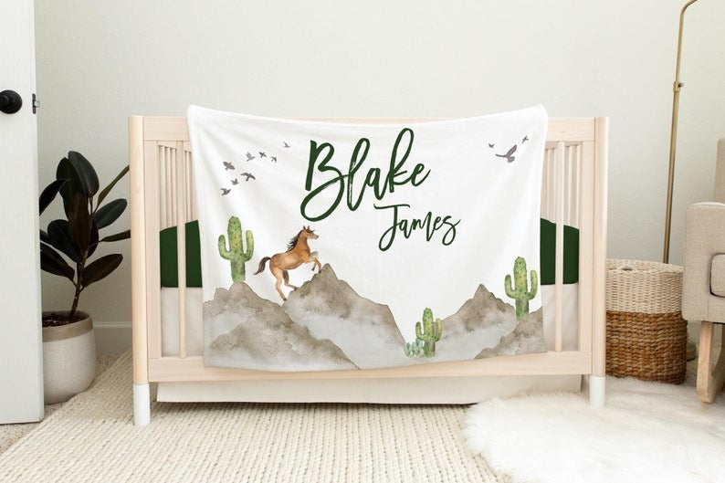 Mountain Horse Cactus Baby Kids Blanket With Customized Name For Baby Boy Nursery, Son, Grandson, Newborn Gifts