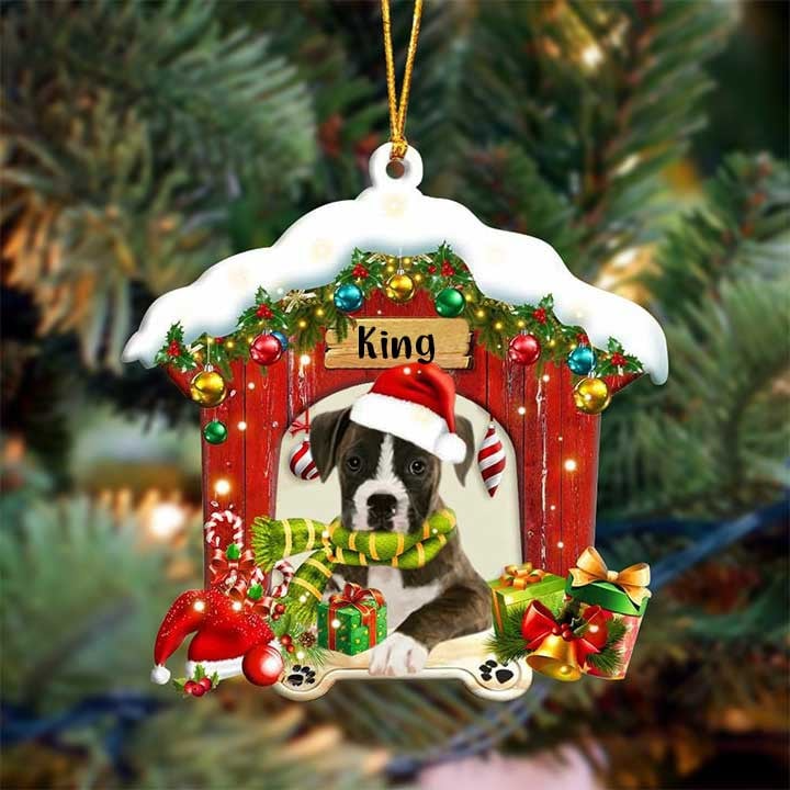 Customized Name Boxer In Red Wood House Acrylic Christmas Ornament Gift For Dog Lovers, Dog Mom