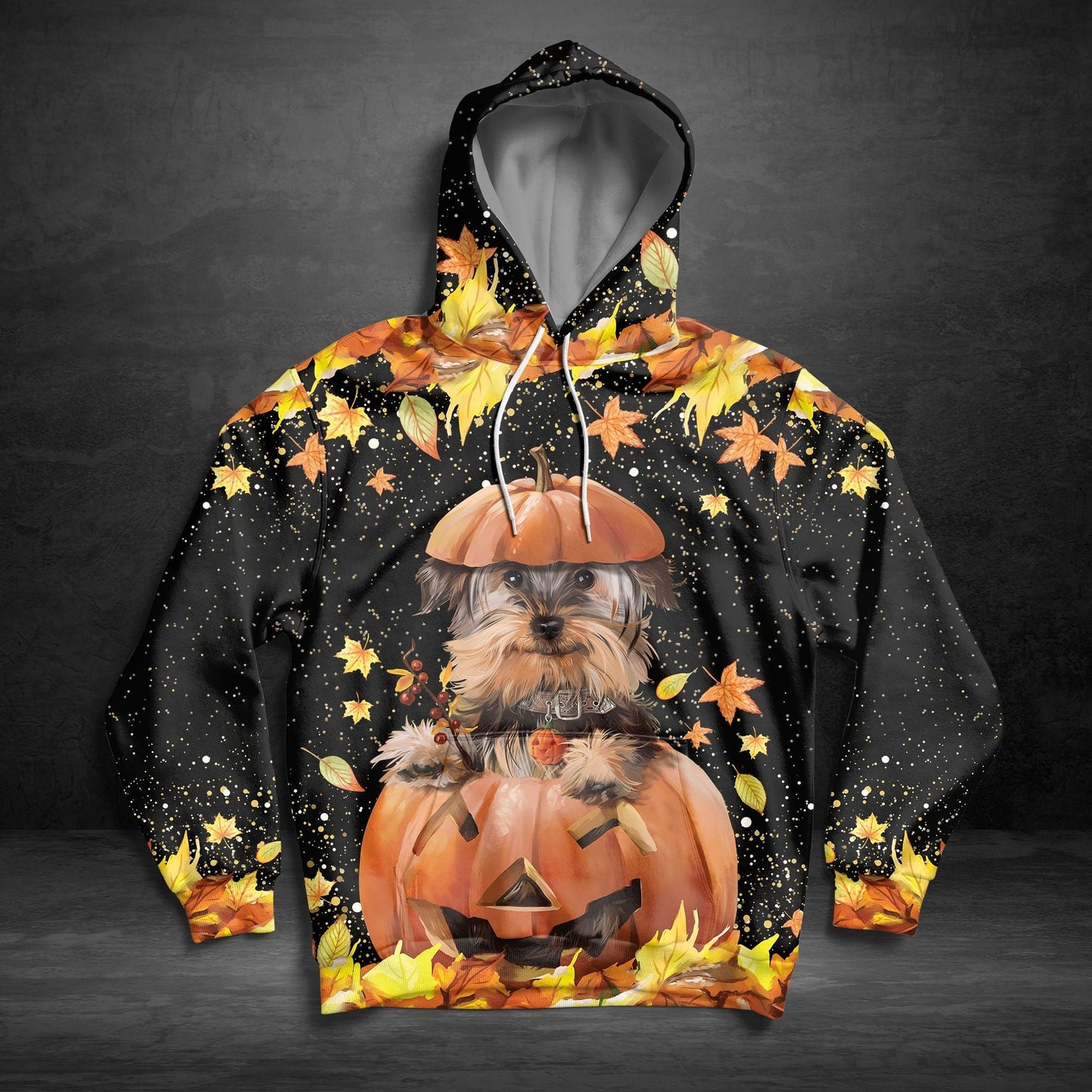 Yorkshire Terrier Fall Leaf Halloween Pattern Pullover Premium Hoodie, Perfect Outfit For Men And Women On Christmas New Year Autumn Winter