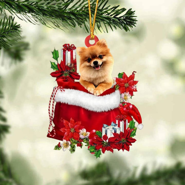 Custom Name Pomeranian In Red Gift Bag Acrylic Christmas Ornament, Customized Christmas Gift For Dog Lovers, Dog Mom