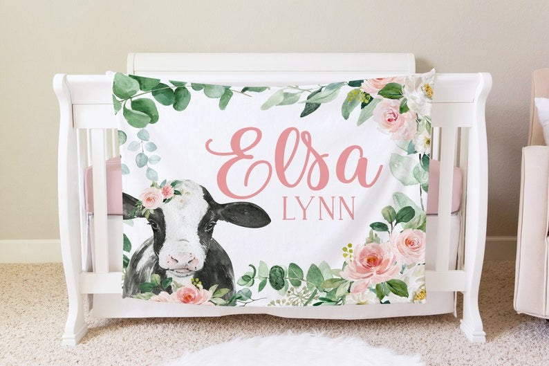 Dairy Cow Floral Baby Kids Blanket With Customized Name For Baby Girl Nursery, Daughter, Granddaughter, Newborn Gifts