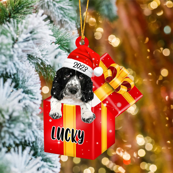 Customized Name English Springer Spaniel In Red Gift Box Acrylic Christmas Ornament Custom Pet Christmas Ornament - Gift For Dog Lovers, Pet Lovers