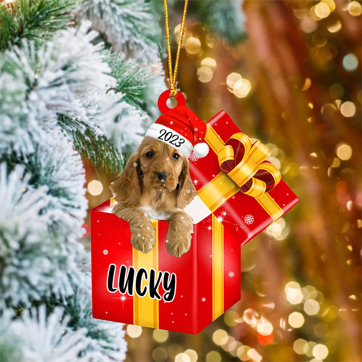 Personalized English Cocker Spaniel In Red Gift Box Acrylic Christmas Ornament Custom Pet Christmas Ornament - Gift For Dog Lovers, Pet Lovers