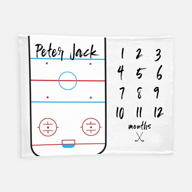 Hockey Rink Baby Milestone Blanket With Customized Name For Baby Boy Nursery, Son, Grandson