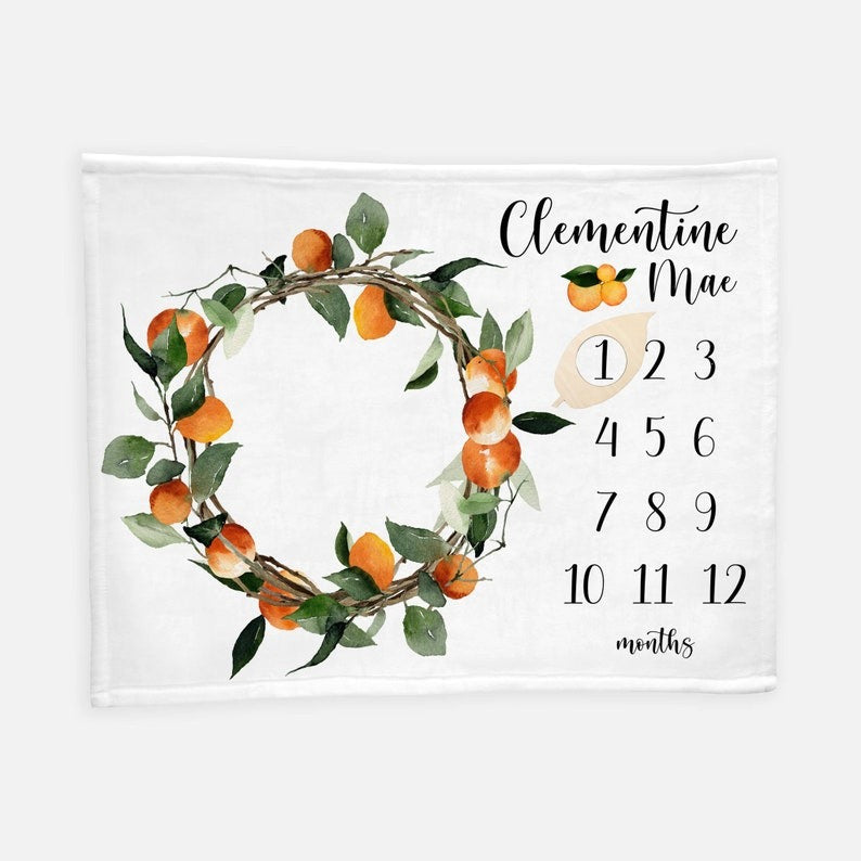 Orange Wreath Baby Milestone Blanket With Customized Name For Baby Girl Nursery, Daughter, Granddaughter, Newborn Gifts